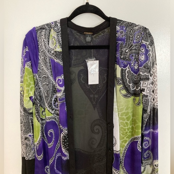 Chico's Black Label, Size 1 , Printed Mesh Cardigan, Woven Top Multi Color - Picture 4 of 13